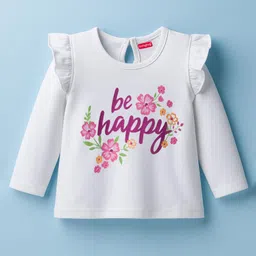 Babyhug 100% Cotton Knit Full Sleeves T-Shirt with Frill Detailing Floral & Text Print - White-picture-35