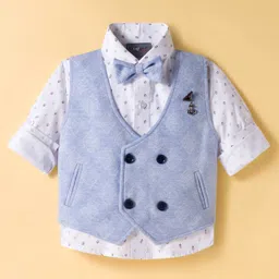Dapper Dudes Full Sleeves Abstract Printed Shirt With Waistcoat & Bow Set - Sky Blue-picture-10