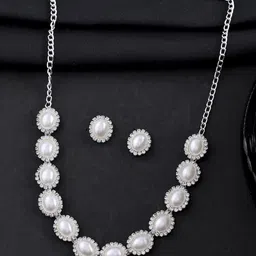 VOJ Silver-Plated American Diamond Studded & Beaded Choker Jewellery Set-picture-34