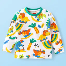 Babyhug Cotton Knit Full Sleeves Night Suit with Dino Print - White image 2