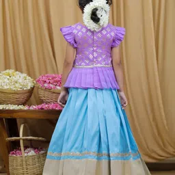 Li&Li BOUTIQUE Chanderi & Taffeta Silk Half Flutter Sleeves Ethnic Motifs Foil Printed Lehenga Choli Set - Lavender & Sky Blue image 3