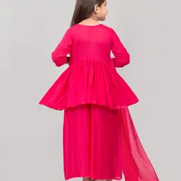 Pehanaava Muslin Woven Three Fourth Sleeves Thread Work Floral Embroidered & Beads Embellished Kurti Palazzo With Dupatta Set - Pink image 3