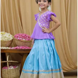 Li&Li BOUTIQUE Chanderi & Taffeta Silk Half Flutter Sleeves Ethnic Motifs Foil Printed Lehenga Choli Set - Lavender & Sky Blue image 5