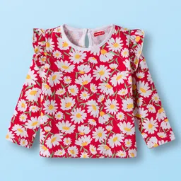 Babyhug 100% Cotton Knit Full Sleeves T-Shirts with Frill Detailing Polka Dots & Floral Print Pack of 3 - Red Yellow & White image 4