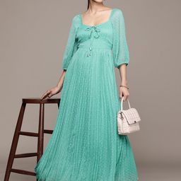 Label Ritu Kumar Accordion Pleated Tie-Up Neck Puff Sleeves Chiffon A-Line Maxi Dress-picture-36