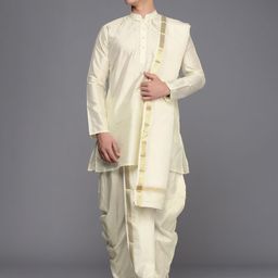 Manyavar Men Off White Thread Work Detail Kurta with Dhoti Pants & With Dupatta-picture-36