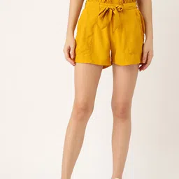 Belle Fille Women Mustard Yellow Solid Regular Fit Paper Bag Shorts-picture-18