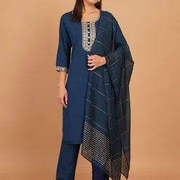 Ruvii Ethnic Motifs Embroidered Straight Kurta With Trousers & Dupatta-picture-24