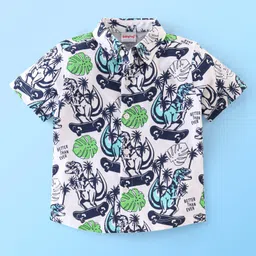 Babyhug 100% Cotton Knit Half Sleeves Regular Shirt with Dino Print - White & Blue-picture-15