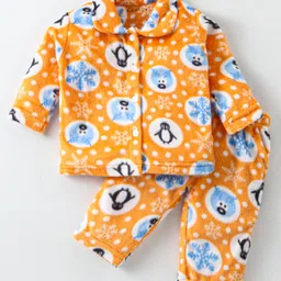 Kanvin Supersoft Extra Warm Velour Full Sleeves Winter Night Suit With Penguin Print - Yellow-picture-17