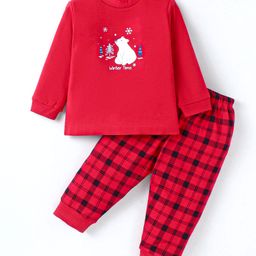 Zero Interlock Knit Full Sleeves Checkered & Bear Printed T-Shirt & Joggers Set - Red-picture-27