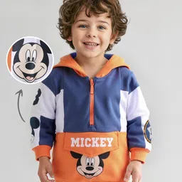 Babyhug Disney Terry Knit Full Sleeves Hooded Sweatshirt With Cut & Sew Design & Mickey Mouse Graphics - Blue & Orange-picture-36