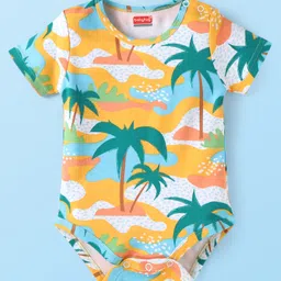 Babyhug 100% Cotton Knit Half Sleeves Beach Theme Printed Onesie - Yellow &White-picture-17