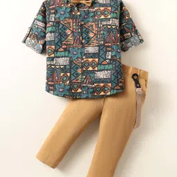 Rikidoos Full Sleeves Floral Printed Shirt With Pant Suspender & Bow Set - Green & Khaki-picture-21