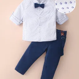 Mark & Mia Full Sleeves Printed Shirt & Trouser Set with Bow & Suspender - Navy Blue & White-picture-24