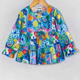 Hugsntugs Cotton Woven Full Bell Sleeves Floral & Fruits Printed Top - Blue-picture-27