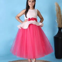 Toy Balloon Kids Net Woven Sleeveless Floral Applique Detailed Polka Dots Printed Gown - Magenta-picture-19