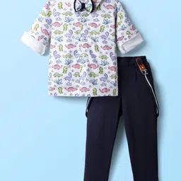 Babyhug Knit Full Sleeves Dino Printed Shirt & Pant with Bow & Suspender - Navy Blue & White image 2