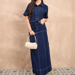 R.Code by The Roadster Life Co. Shirt Collar Denim Pure Cotton Crop-Shirt With Maxi Skirt image 5