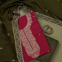 Koskii Floral Embroidered Zari Work Raw Silk Unstitched Dress Material-picture-55
