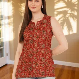 Brownverse Floral Print Keyhole Neck Ethnic Cotton Top-image-36