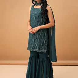 Sashay Boutique Women Embroidered Regular Sequinned Kurta with Sharara & With Dupatta image 3