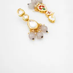 Anouk Gold Plated Artificial Stones Studded & Beaded Geometric Drop Earrings image 3