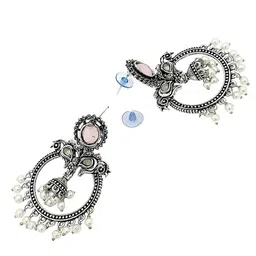 FEMMIBELLA Silver-Plated Kundan Studded & Beaded Peacock Shaped Oxidised Chandbalis image 4