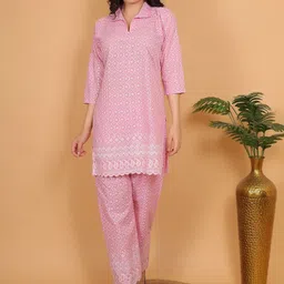 Trendzmy Floral Embroidered Shirt Collar Pure Cotton Tunic With Trousers-image-68