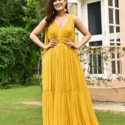 Ordinaree Women Solid Gathered or Pleated Tiered Sleeveless Maxi Dress-picture-11