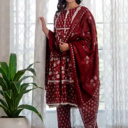 IndigoFerry Floral Printed A-Line Pure Cotton Mirror Work Kurta with Trousers & Dupatta image 4
