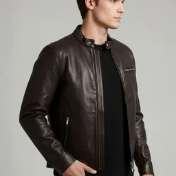 Celio Men Stand Collar Solid Lightweight Leather Jacket image 5