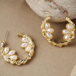Estailo fashion Gold-Plated Artificial Beaded Contemporary Half Hoop Earrings-picture-30