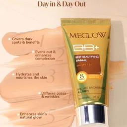 MEGLOW Set Of 3 BB+ Cream SPF 15+ - 30 g, Apricot Scrub & Refreshing Face Wash - 70g Each image 3