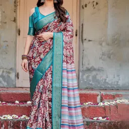 ALMAARI FASHION Floral Printed Banarasi Saree With Blouse Piece image 4