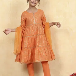 Biba Girls Floral Printed Tiered Gotta Patti Pure Cotton Kurta With Trouser & Dupatta-picture-37