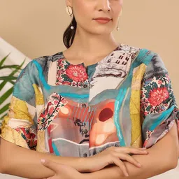 AARAAS Floral Printed Round Neck Pure Silk Tunic & Trouser image 5