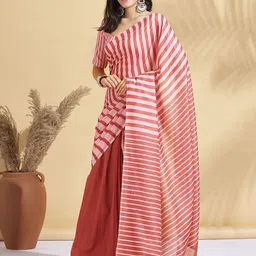 RACHNA Striped Ready to Wear Ikat Saree With Unstitched Blouse Piece image 3