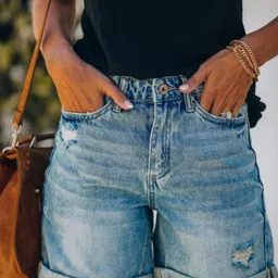 Oh Rare Women Washed Distressed Denim Shorts-image-16