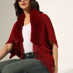 SHOWOFFFF Women Ribbed Poncho with Fuzzy Detail-picture-16