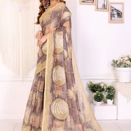 HERE&NOW Cream Printed Cotton Blend Chanderi Sarees image 2