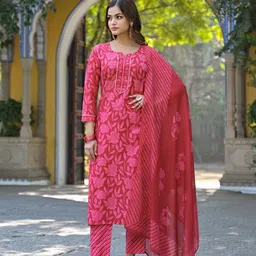 KALINI Floral Printed Notch Neck Gotta Patti Straight Kurta With Trousers & Dupatta-picture-46