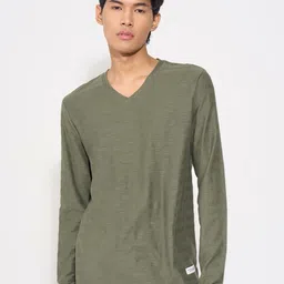 People Green Self Design V-Neck Long Sleeves Slim Fit Pure Cotton T-shirt-picture-27