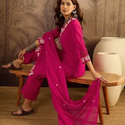 Sangria Embroidered Cotton Kurta with Trousers & Dupatta Set-image-47