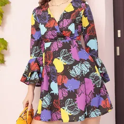 DressBerry Funky Florals Printed Bell Sleeve Mini A-line Dress-image-93