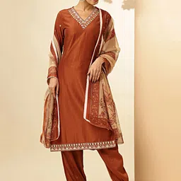 vbuyz KALINI Floral Embroidered Pure Cotton Straight Kurta With Trouser & Dupatta image 1