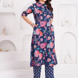 KALINI Floral Printed Pure Cotton Mandarin Collar Kurta With Trousers image 5