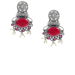 NAMAN ARTS Silver-Plated Artificial Studded & Beaded Contemporary Drop Earrings image 3