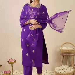 Indo Era Ethnic Motifs Embroidered Thread Work Straight Kurta With Trousers & Dupatta image 4