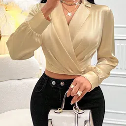 stylecast x slyck Beige Solid Shirt Collar Crop Top with Long Sleeves-picture-26